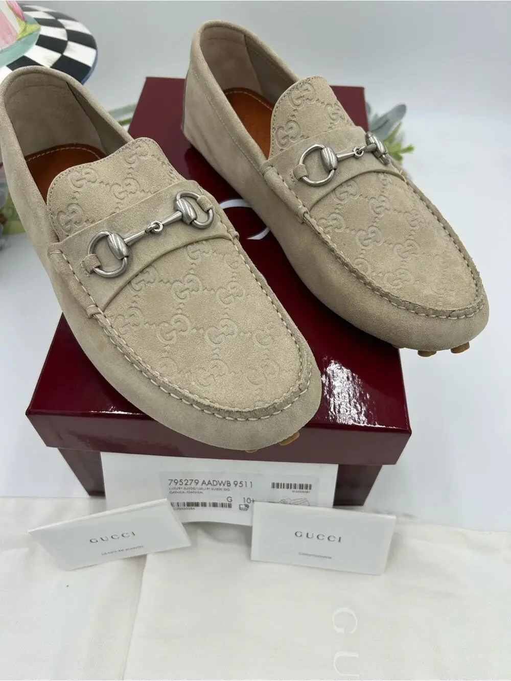 Men's Gucci suede oatmeal horse bit driver loafers size 10.5 fits 11 US